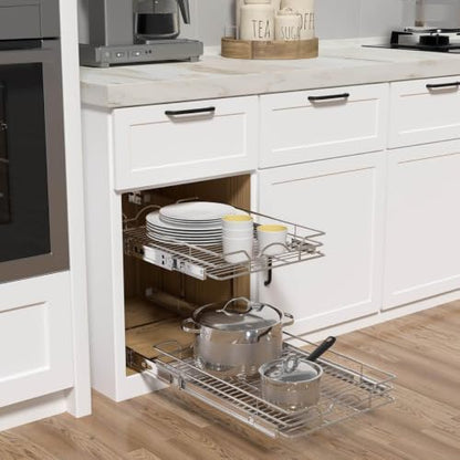 OCG 2 Tier Pull Out Cabinet Organizer (15.5" W x 18" D), Pull Out Drawers for Kitchen Cabinets, Pull Out Shelves for Base Cabinet Organization in Kitchen Bathroom Pantry, Chrome Finish - size: 15.5"W x 18"D, 2 Tier