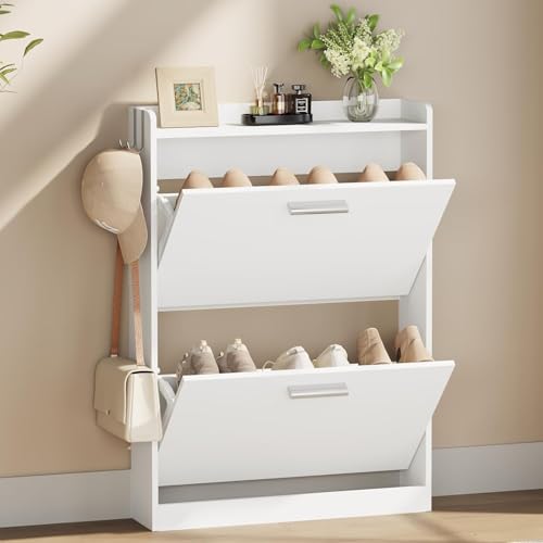 Slim Shoe Cabinet for Entryway with 2 Flip Drawers, 23.6" W White | Freestanding shoe storage cabinet for entryway,foyer and hallway,Narrow design and space-saving flip drawers - color: White, size: 23.6"W x 33.1"H