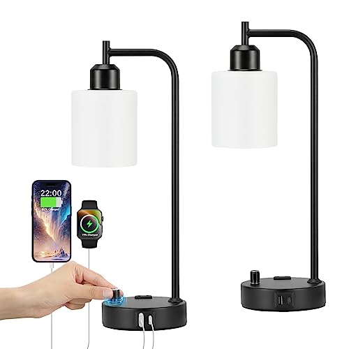 Industrial Bedroom Lamps for Nightstand Set of 2 - Fully Dimmable Bedside Lamps with USB A C Ports and Outlet, Black Table Lamps with Opal Glass Shade for Living Room, Desk Lamps for Office Reading - color: Opal