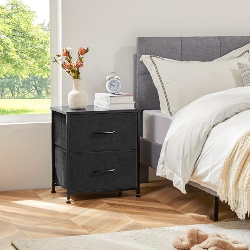 Black Nightstand with Two Drawer Side Tables Living Room 2 Drawer Dresser Bedroom End Bedside Table Cabinet with Storage Night Stand, Wooden Top Metal Frame Handle, 20'' Tall