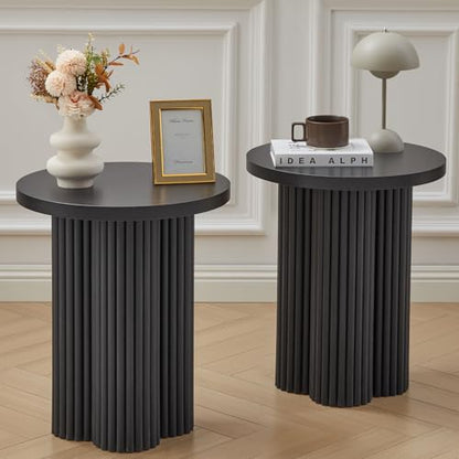 Small Sofa Side Table Set of 2, Fluted Accent Pedestal End Table, Wood Round Night Stand, Farmhouse Bed Side Table Drink Tables for Living Room, Small Spaces (Black-2PCS) - color: Black-2pcs