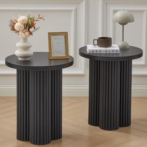 Small Sofa Side Table Set of 2, Fluted Accent Pedestal End Table, Wood Round Night Stand, Farmhouse Bed Side Table Drink Tables for Living Room, Small Spaces (Black-2PCS) - color: Black-2pcs