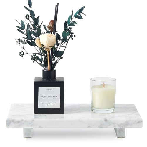 Natural Marble Tray Pedestal Stand – Soap & Jewelry Riser for Bathroom Counter, Kitchen Sink, Vanity Organizer, Decorative Stone Catchall for Perfume, Candles - color: White, size: 9.8" x 5.9" x 1.6"