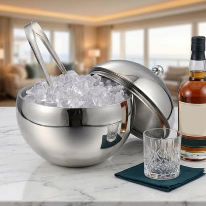NUOBESTY Double Walled Ice Bucket with Lid and Tongs Stainless Steel Insulated Beverage Bucket for Wine Beer Juice Bar Parties Home Entertaining Spherical Shape 7.67 X 6.57 X 6.57 in