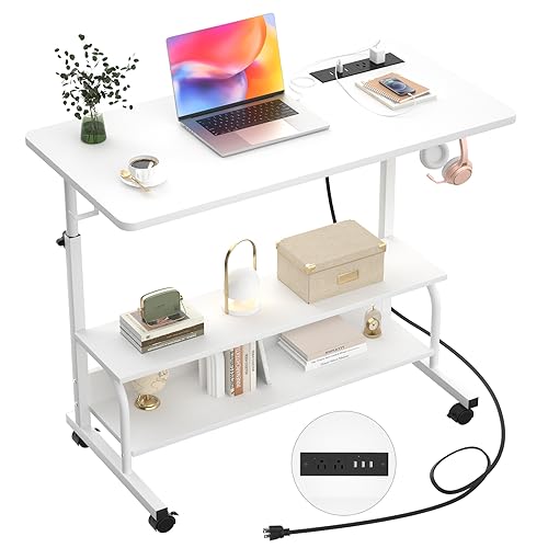 Armocity Rolling Standing Desk with Charging Station, Portable Height Adjustable Mobile Computer Desk with Wheels & 2-Tier Shelves & Hooks, Easy Assembly Laptop Table for Couch Bed, 32" White - color: White, size: 32''