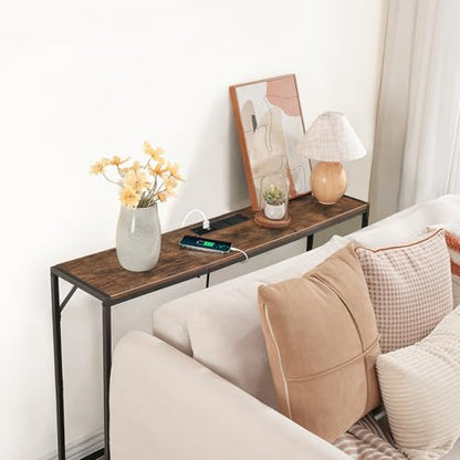 MAHANCRIS Console Table, Narrow Sofa Table, 43.7” Entrance Table with Power Station, Behind Couch Table, Simple Style, for Living Room, Hallway, Entryway, Foyer, Rustic Brown and Black CTHR112E01 - color: Rustic Brown, Black