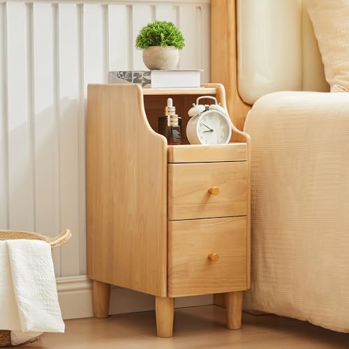 Solid Wood Narrow Nightstand, Slim Bedside Table with 2 Drawers & Slide-Out Tray, Mid-Century Modern End Table Side Table for Bedroom, Living Room, Small Spaces (Natural) - color: Natural