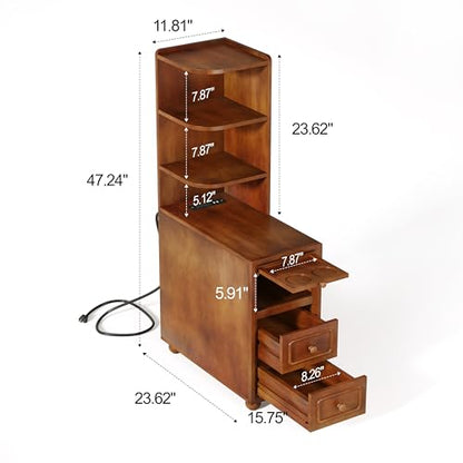 Solid Wood End Table with Charging Station and Reversible Corner Shelves, Tall Narrow Side Table with Drawers, USB Ports and Outlets for Living Room and Bedroom, Walnut
