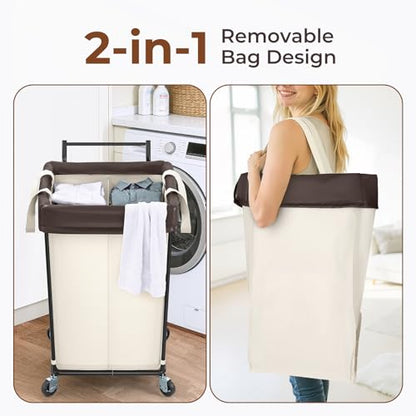 Mefirt 160L Laundry Hamper with Wheels and Handle, 2 Section Large Rolling Laundry Basket Bag with Wheels, Clothes Hamper Cart for Laundry, Bedroom, Bathroom and Dorm - color: Beige