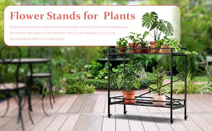 Zhongma 2 Tier Window Height Sturdy Metal Plant Stand with Wheels, 40.5x16x39.4 Inch High, Heavy Duty Succulent Shelf for Home Indoor and Outdoor, 440 LBS Capacity & Heavy Duty Construction - color: 2 Tier 40.5x16x39.4 Inch High