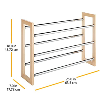 Whitmor 3 Tier Expandable Shoe Rack -Stackable - Natural Wood and Chrome - color: Wood & Chrome