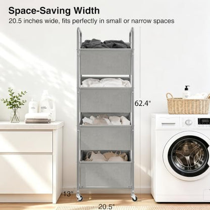 STO STO 4-Tier Vertical Rolling Laundry Hamper, Removable Bags, Gray Faric | 160L Capacity, Space-Saving Vertical Design, Rust-Resistant Steel Frame, Lockable Wheels, Ideal for Apartments & Small Spaces - color: Gray Faric, size: 4-Tier