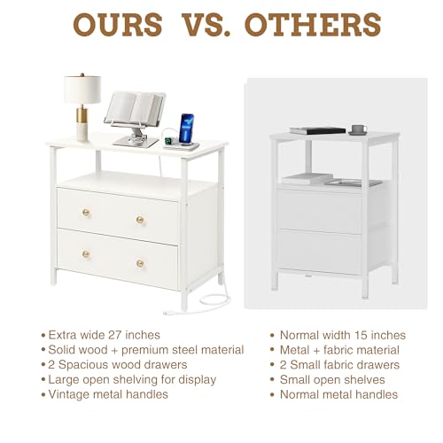Edbuosy 27 inch Wide Night Stand with Charging Station, Bedside Table with Open Shelf, 2 Drawers Small Wood Dresser, Modern Wood Nightstand for Bedroom/Living Room, White - color: White, size: 27"W-2 Drawers