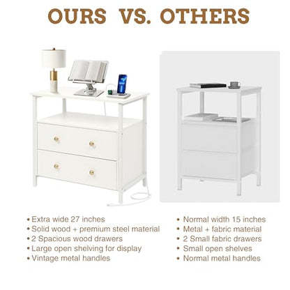 Edbuosy 27 inch Wide Night Stand with Charging Station, Bedside Table with Open Shelf, 2 Drawers Small Wood Dresser, Modern Wood Nightstand for Bedroom/Living Room, White - color: White, size: 27"W-2 Drawers