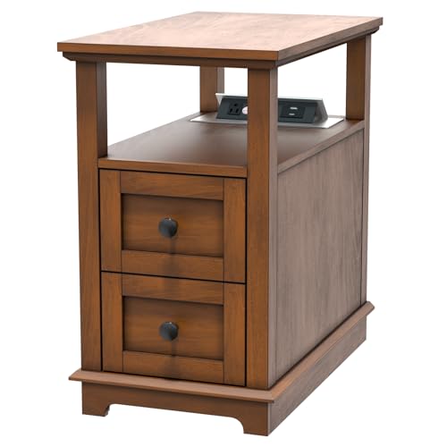 HIFYOBRO 2 Drawers End Table with Flip Top Charging Station, Type-C & USB Port & Power outlets, Wooden Nightstand, Side Table with Storage for Living Room and Bedroom - color: Glossy Brown, size: 1 Piece