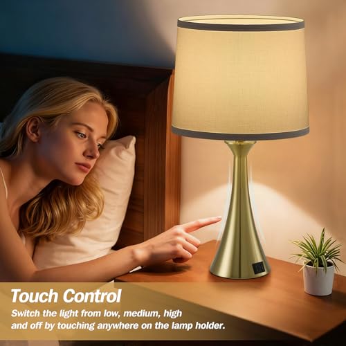 Touch Lamp for Living Room Bedroom, 21" Table Lamps Set of 2 with USB C+A Ports and White Lamp Shades, 3 Way Dimmable Gold Touch Bedside Lamps for Nightstand, 2 LED Bulbs Included - color: Gold & White Shade