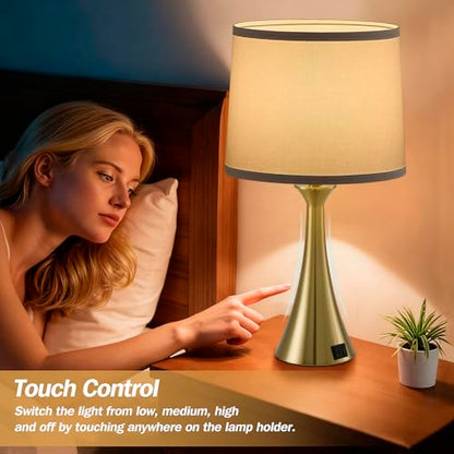Touch Lamp for Living Room Bedroom, 21" Table Lamps Set of 2 with USB C+A Ports and White Lamp Shades, 3 Way Dimmable Gold Touch Bedside Lamps for Nightstand, 2 LED Bulbs Included - color: Gold & White Shade