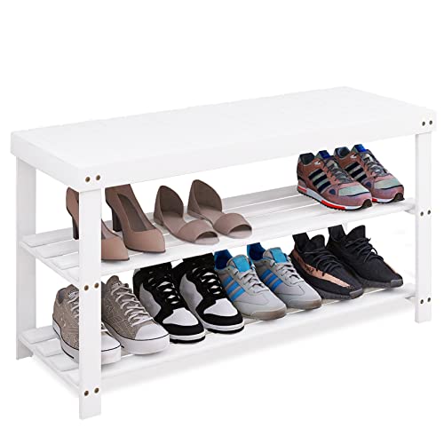 SMIBUY Bamboo Shoe Rack Bench, 3-Tier Shoe Organizer Storage Shelf for Entryway Hallway Bathroom Living Room (White) - color: White
