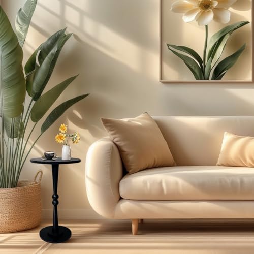 Small Side Table, Drink Table for Small Spaces, Modern Accent Table Martini Table with Solid Wood Leg, Round End Tables Living Room for Bedroom and Office (Black) - color: Black