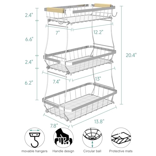 Sevenblue 3-Tier Fruit Basket with Banana Hangers, Detachable Metal Bowl | Wooden handle, protective mats included. Versatile holder for bread, snacks, and veggies. Large 3 tier metal design. - color: Silver, size: 3 Tier Standard