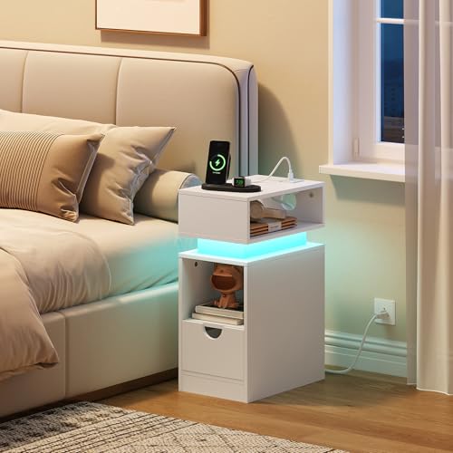 HOOBRO Narrow End Table, Floating Nightstand with LED Light Strip, with Drawer, Slim Bedside Table with Charging Station for Living Room, Bedroom, White WT204UDBZ01
