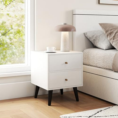 GOFLAME Nightstand with 2 Drawers, Mid-Century Modern Bedside Table with Storage, Elevated Legs & Golden Knobs, Wooden, Small Sofa Side End Table, Compact Night Stand for Bedroom, White (1)