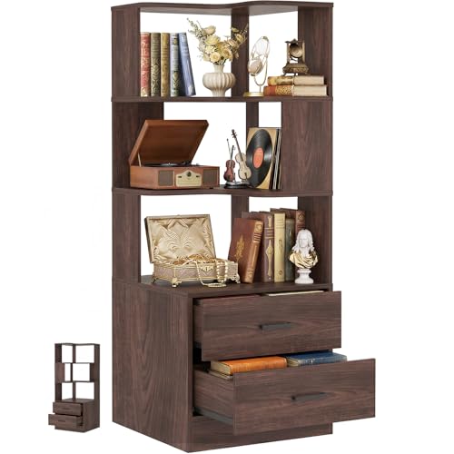 Armocity Corner Bookshelf with Drawers, 6 Tier Corner Book Shelf Display Bookcase, Freestanding L Shaped Bookshelf for Bedroom, Living Room, Home Office, Black Walnut - color: Black Walnut, size: 6 Tier(2 Drawers + 4 Shelves)