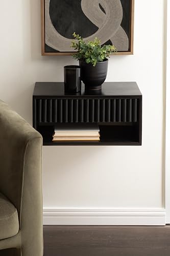 Kate and Laurel Reid Ribbed Wooden Tiered Floating Side Table, 18 x 10 x 9, Black, Modern Rectangular Mango Wood Floating Nightstand with Drawer for Bedroom Storage or Living Room End Table - color: Black