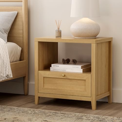 EYYTHUNG Farmhouse Nightstand with Drawer Modern 24" Wide End Table Night Stands Large Wooden Bedside Table with Open Shelf Mid Century Night Stands for Sofa, Natural Oak - color: Natural Oak, size: 1 PC