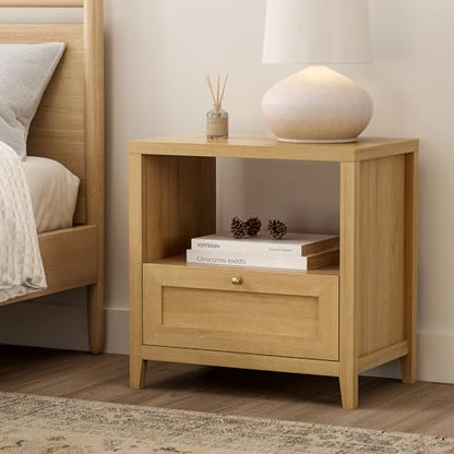 EYYTHUNG Wooden Nightstands Set of 2 with Drawer Modern 24" Wide End Table Night Stand Large Farmhouse Bedside Table with Open Shelf Mid Century Night Stands for Sofa, Natural Oak - color: Natural Oak, size: 2 PCS