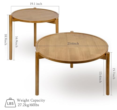 Wooden Round Nesting Coffee Tables Set of 2,Round End Table,Small Nesting Tables,Side Table,for for Living Room Bedroom Balcony by Solid Wood