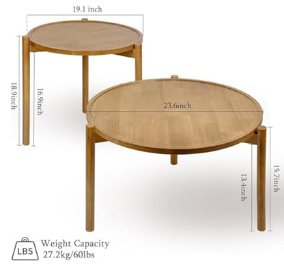 Wooden Round Nesting Coffee Tables Set of 2,Round End Table,Small Nesting Tables,Side Table,for for Living Room Bedroom Balcony by Solid Wood