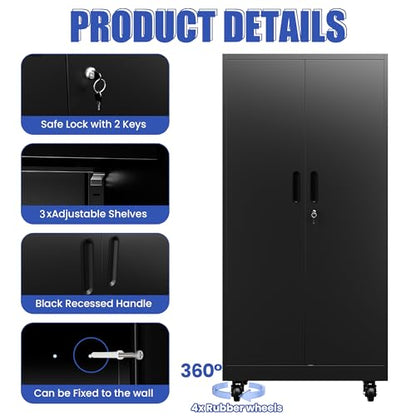 71'' Metal Garage Storage Cabinet with Wheels & Hanging Rod,Black Lockable Tool Cabinets with Pegboard & Adjustable Shelves,Heavy Duty Steel Tall Cabinets for Garage Warehouse Basement Broom - color: Black, style: 71"H 2 doors with Rod & wheels