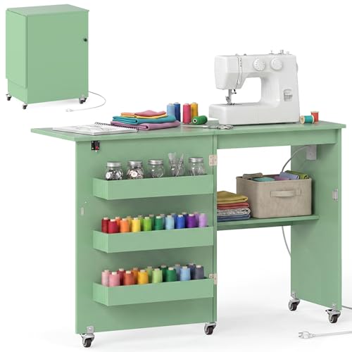 DREAMADE Folding Sewing Table with Storage, Craft Table w/Charging Station, 5 Lockable Wheels, Storage Bins & Shelf, Sewing Machine Desk for Home Office, Apartment, Studio (Green) - color: Green