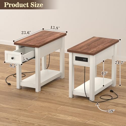 Narrow End Table with Charging Station - Farmhouse Side Table with Drawer, 14" Wide Wood Nightstand Slim Couch Bedside Table for Living Room Bedroom Small Spaces, 2-Tone Antique White & Brown - color: Antique White & Brown, size: 1 Pack