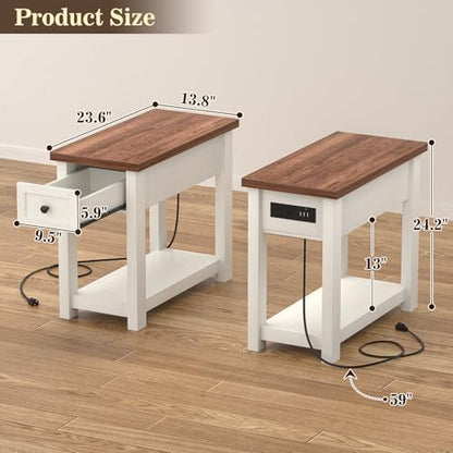 Narrow End Table with Charging Station - Farmhouse Side Table with Drawer, 14" Wide Wood Nightstand Slim Couch Bedside Table for Living Room Bedroom Small Spaces, 2-Tone Antique White & Brown - color: Antique White & Brown, size: 1 Pack