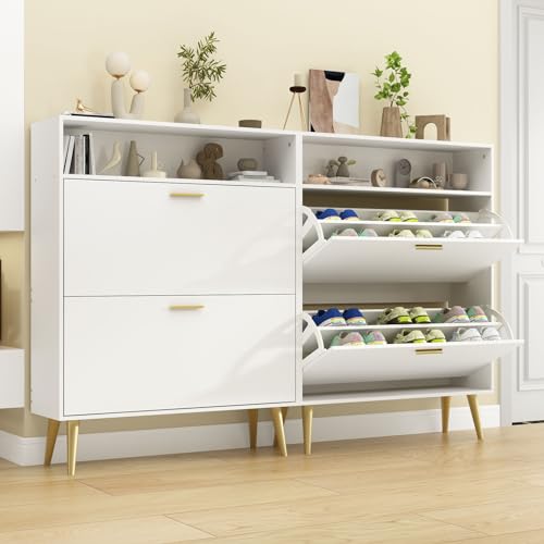 Shoe Cabinet Storage for Entryway, White Shoe Organizer with 2 Flip Drawers & Open Shelf, Freestanding Hidden Large Shoe Storage Cabinet (2pc-White, 2 Flip Drawers with Shelf) - color: 2pc-white, size: 2 Flip Drawers with Shelf