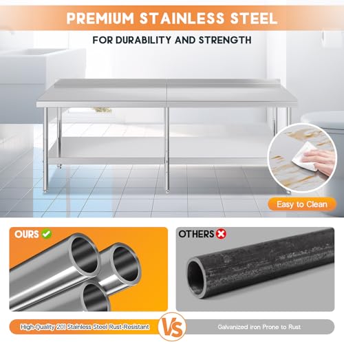 Jocisland 30" x 96" Stainless Steel Table for Prep & Work, Food-Grade Stainless Steel with Backsplash, Adjustable Under Shelf & Safe Design for Restaurant, Home and Outdoor - size: 30x96 in, style: With Hooks& Backsplash