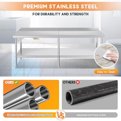 Jocisland 30" x 96" Stainless Steel Table for Prep & Work, Food-Grade Stainless Steel with Backsplash, Adjustable Under Shelf & Safe Design for Restaurant, Home and Outdoor - size: 30x96 in, style: With Hooks& Backsplash