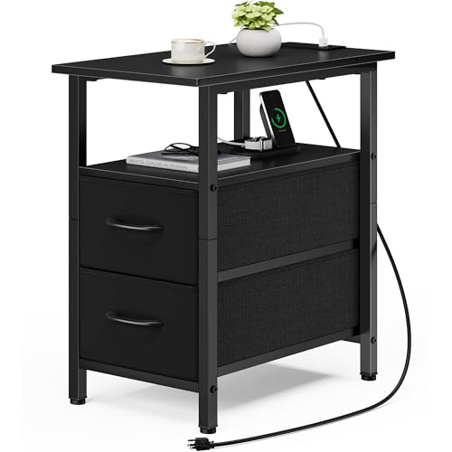 Vagusicc Black End Table with Charging Station, Narrow Side Table, 23.8'' Tall Nightstand with 2 Fabric Drawers, Small Sofa Side Table Narrow Nightstand for Small Spaces, Living Room, Bedroom, Black - color: Black, size: 1, style: Ordinary