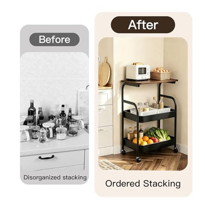 3 Tier Rolling Cart with Walnut Table Top, Sturdy Metal Storage Cart with Lockable Wheels, Multi-Purpose Mobile Shelf for Kitchen, Bedroom, Snacks, Coffee, Craft, Makeup, Garage (Black) - color: Black