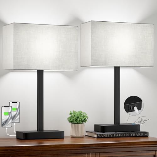 Hong-in Touch Lamps for Bedroom - 3-Way Dimmable Bedside Lamps Set of 2 with USB C+A, Grey Modern Table Lamp for Night Stands, Desk Lamp for Living Room Nightstand End Tables Bed Side - color: A. Grey&Black