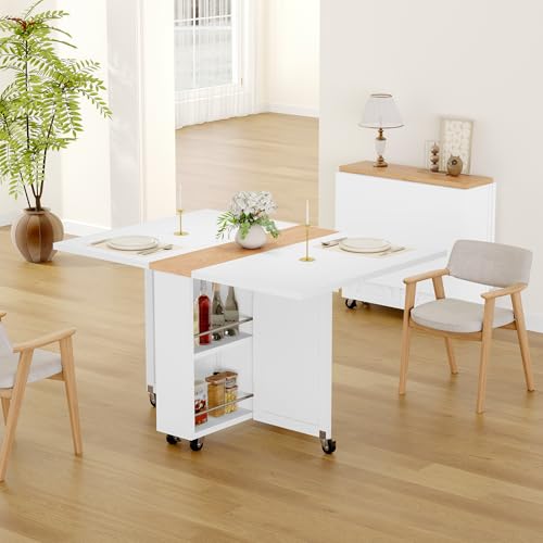 Folding Dining Table with 6 Wheels, Drop Leaf Tables for Small Spaces, Foldable Dining Table with 2-Layer Storage Rack, Kitchen Table with Drawer (White and Oak) - color: White
