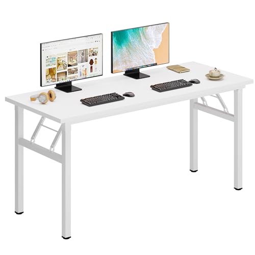 DlandHome 54.3 Inch Large Folding Computer Desk, Fully Assembled, White | Foldable Writing Table, Portable Activity Conference Table for Home Office, Wood Top Metal Frame, Collapsible Easy Storage - color: White + White, size: 54.3 Inches
