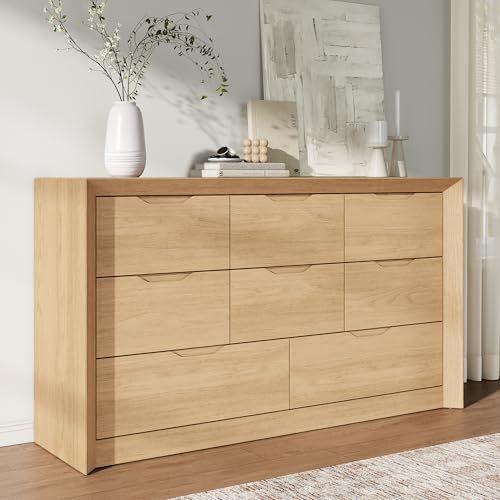 YANSNWO Natural Oak 8 Drawer Dresser for Bedroom, 55" Wide Dressers & Chest of Drawers with Unique Panel & Thickened Frame, Mid Century Modern Dresser with Handless Design for Living Room, Hallway - color: Natural Oak, size: 15.6"D x 55.1"W x 31.5"H (8 Dr