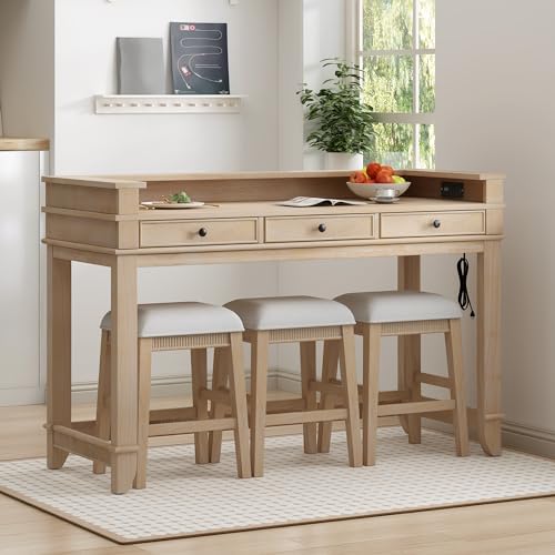 4-piece Dining Bar Table Set with 3 Upholstered Stools, Rubber Wood Counter Height Multifunctional Dining Table with 3 Drawers and USB Port, Side Table with Footrest Pub Kitchen Set (Natural-N2) - color: Natural-n2
