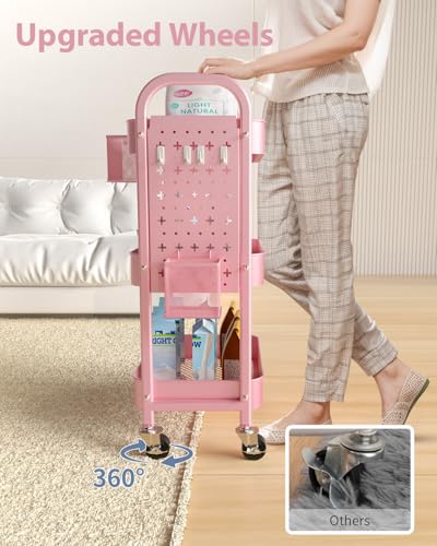 ALVOROG 3 Tier Rolling Cart with DIY Pegboards Metal Utility Cart with Wheels Handles Baskets Hooks, Craft Cart for Office Kitchen Bathroom(Cherry Blossom Pink) - color: Cherry Blossom Pink