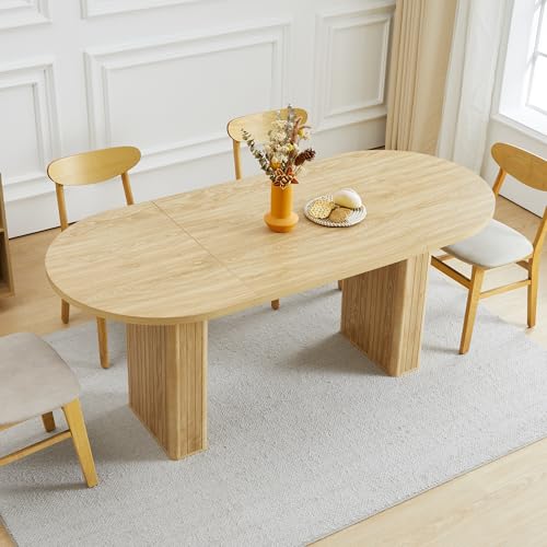 70.8 Inch Kitchen Dining Table for 4-6 People, Oval Kitchen Table with Wood Strip Base, Modern Farmhouse Large Round Dining Room Tables for Living Room (Natural) - color: Natural, size: 70" Oval