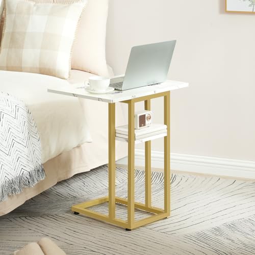 HOOBRO Foldable C Shaped End Table, C Shaped Side Table with Storage Shelf, Small Snack Table, Slide Under Couch Table for Sofa, Living Room Bedroom Small Spaces Easy Assembly, Gold DM29SF01 - color: Marble + Gold