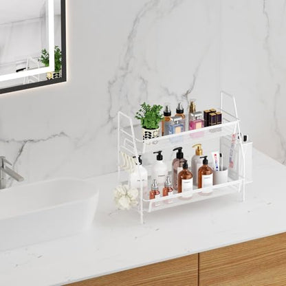 VITVITI 2-Tier Bathroom Organizer Countertop, Metal Wire Mesh Bathroom Counter Organizer Storage with Basket Hooks, Vanity Tray Shelf, Kitchen Spice Rack, White - color: 2 Tier Large White